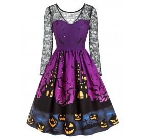 Halloween Pumpkin Castle Print Lace Panel Dress - M