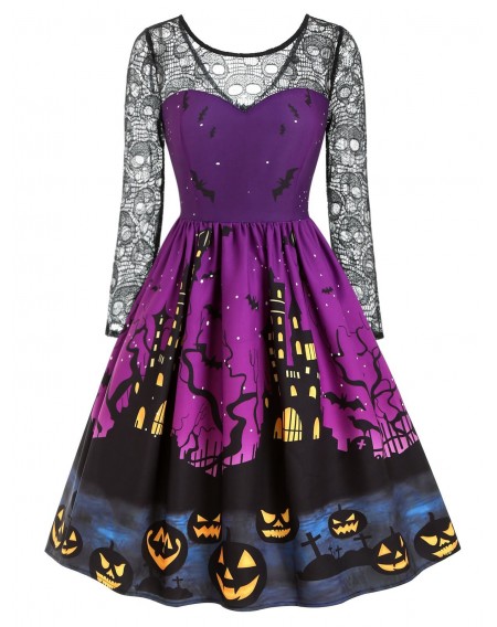 Halloween Pumpkin Castle Print Lace Panel Dress - M