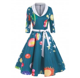 Planet Sun Moon Print Shawl Collar Dress - 3xl