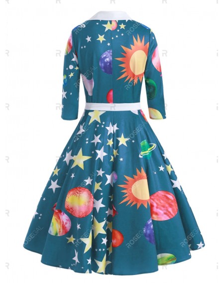 Planet Sun Moon Print Shawl Collar Dress - 3xl