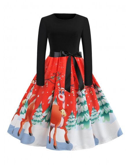Christmas Tree Elk Print Belted Long Sleeve Dress - 2xl