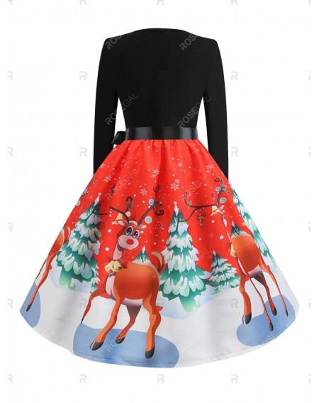 Christmas Tree Elk Print Belted Long Sleeve Dress - 2xl