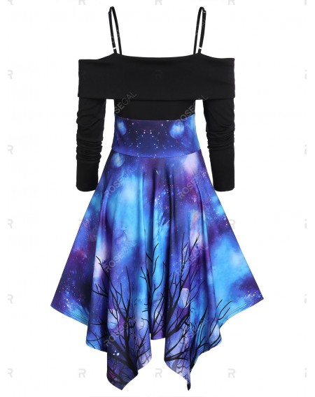 Galaxy Print Lace-up Front Open Shoulder Crossover Handkerchief Dress - 3xl