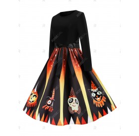 Pumpkin Devil Print Long Sleeve Midi Halloween Dress - 2xl