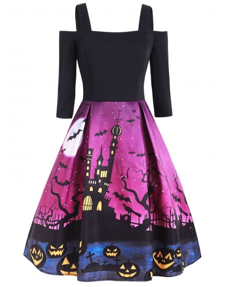 Halloween Pumpkin Castle Print Open Shoulder Dress - 2xl