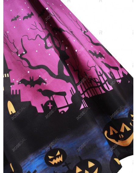 Halloween Pumpkin Castle Print Open Shoulder Dress - 2xl