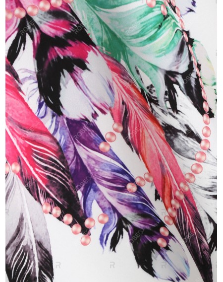 Feather Print Round Neck Mini Trapeze Dress - L