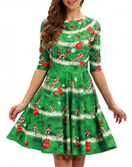 Christmas Tree Round Neck A Line Dress - Xl
