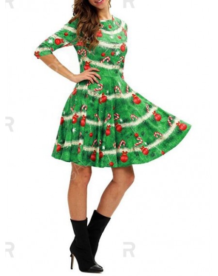 Christmas Tree Round Neck A Line Dress - Xl