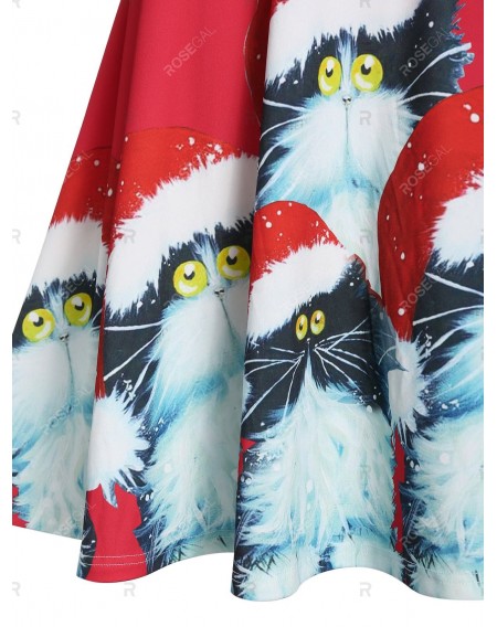Christmas Cat Print A Line Cold Shoulder Dress - 3xl