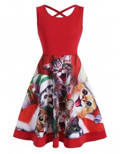 Cat Graphic Criss Cross Christmas Mini Dress - L