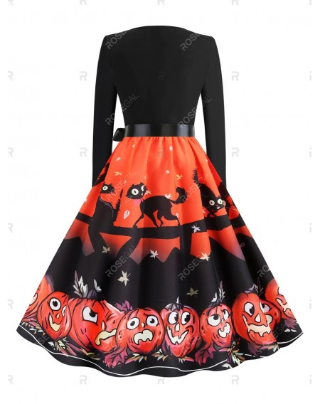 Belted Cat Pumpkin Print Long Sleeve Halloween Dress - Xl