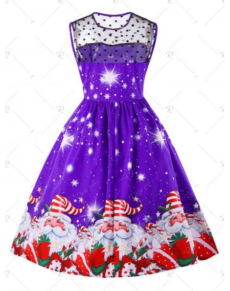 Christmas Mesh Insert Santa Claus Print Dress - Xl