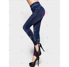 High Rise Rib Knit Waistband Flower Jeggings - One Size