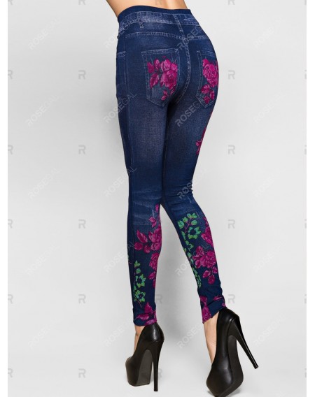High Rise Rib Knit Waistband Flower Jeggings - One Size