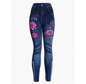 Floral Print Elastic Waist Jeggings - One Size