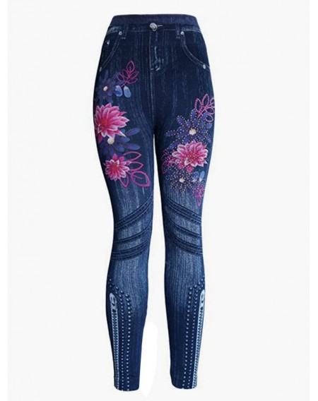 Floral Print Elastic Waist Jeggings - One Size