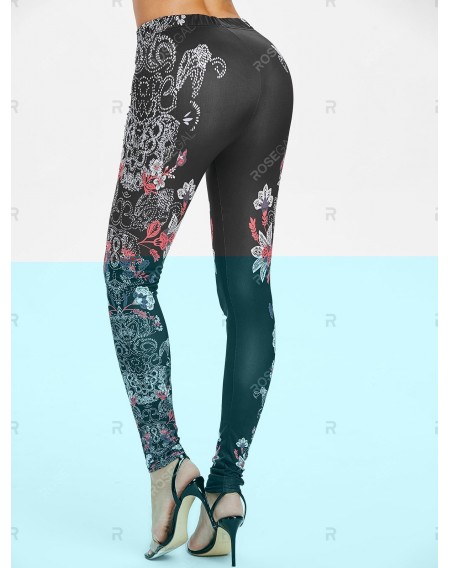 High Waisted Floral Print Skinny Leggings - 2xl