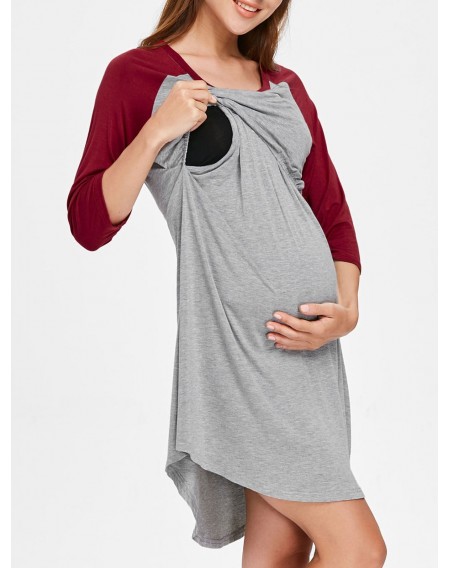 Round Collar Color Block Maternity Sleep Dress - Xl