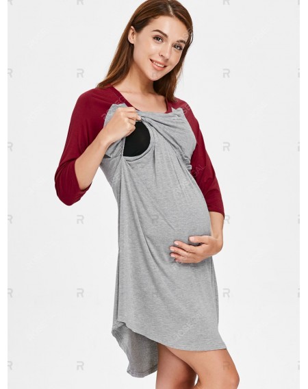 Round Collar Color Block Maternity Sleep Dress - Xl