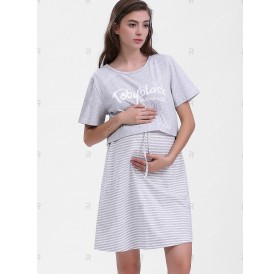 Striped Maternity Sleeping Dress with Letter Tee - L