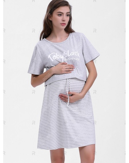 Striped Maternity Sleeping Dress with Letter Tee - L