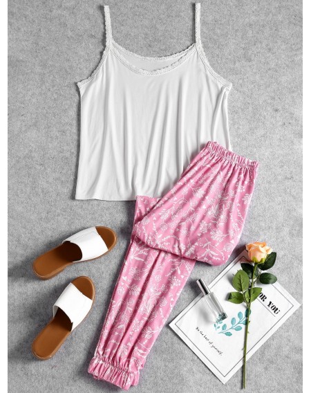 Lace Trim Cami Floral Pajama Set - S