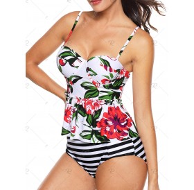 Flower Print Striped Push Up Peplum Tankini Swimsuit - L