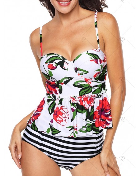 Flower Print Striped Push Up Peplum Tankini Swimsuit - L
