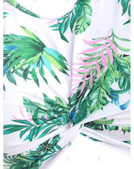 Leaves Print Twist Front Padded Tankini Swimsuit - Xl