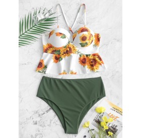 Sunflower Lace-up Underwire Peplum Tankini Swimsuit - 3xl