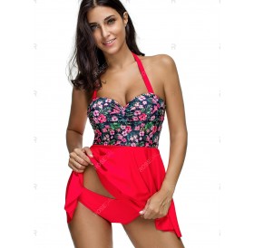 Floral Print Halter Ruched Tankini Swimsuit - 2xl