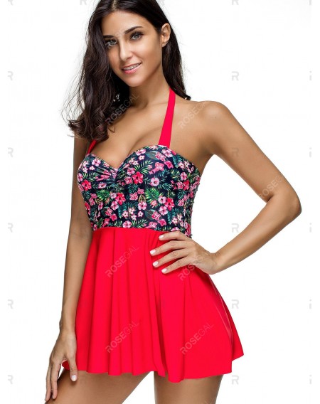 Floral Print Halter Ruched Tankini Swimsuit - 2xl