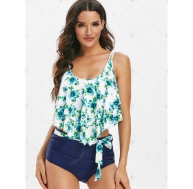Floral Print Belted Overlay Tankini Swimsuit - 3xl