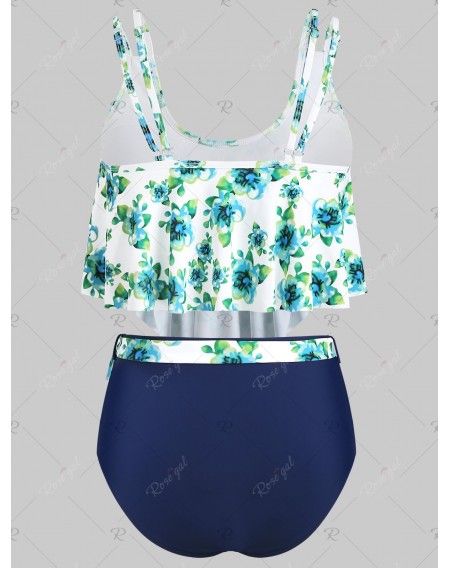 Floral Print Belted Overlay Tankini Swimsuit - 3xl