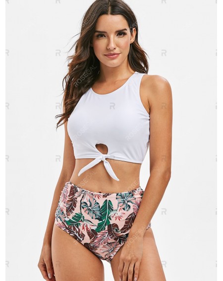 Ruched Leaves Print Crop Top Tankini Swimsuit - 3xl
