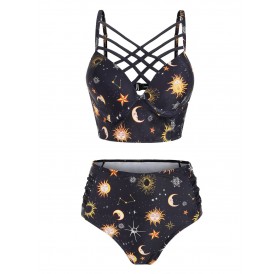 Sun Star Moon Lattice High Waisted Tankini Swimsuit - 3xl