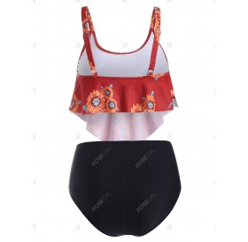 Sunflower Flounce Ruched High Waisted Tankini Swimsuit - 3xl
