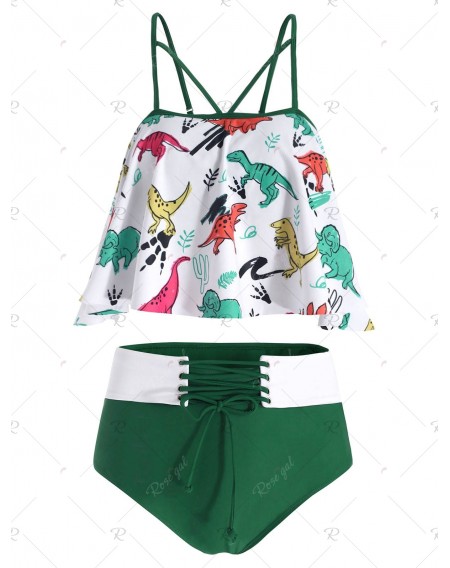 Lace Up Dinosaur Print Contrast Tankini Swimsuit - 3xl