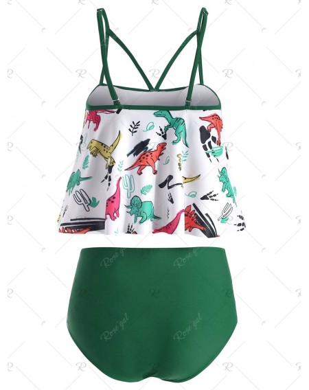 Lace Up Dinosaur Print Contrast Tankini Swimsuit - 3xl