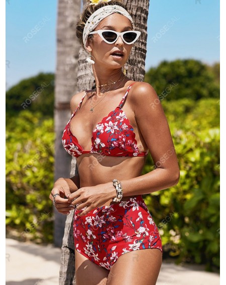 High Rise Floral Scalloped Swimwear Swimsuit - Xl
