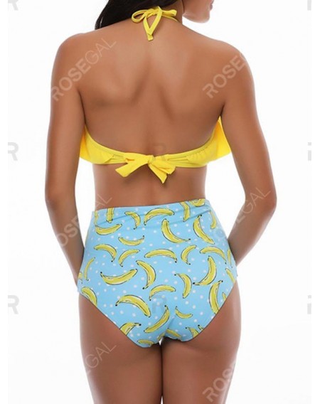 Banana Print Knotted Halter Swimwear Set - Xl