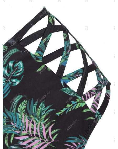 Lattice Flounce Leaf Print Halter Swimwear Set - 3xl