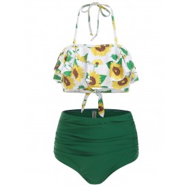 Sunflower Overlay Halter Swimwear Swimsuit - 2xl