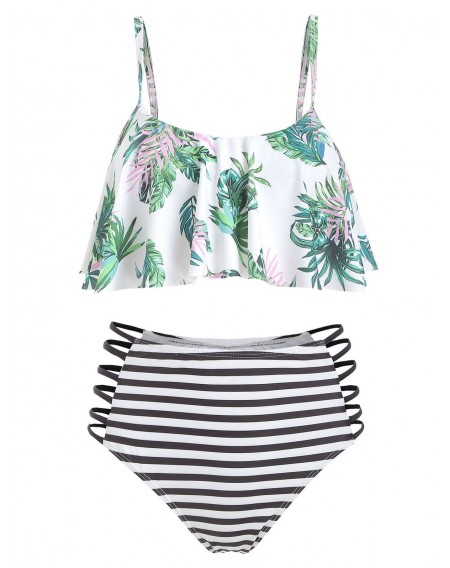 Leaf Print Flounce Striped Strappy Swimwear Swimsuit - 3xl