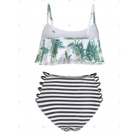 Leaf Print Flounce Striped Strappy Swimwear Swimsuit - 3xl