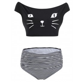 Cat Print Ruched Skew Neck Swimwear Set - S