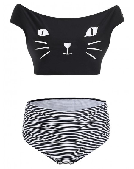 Cat Print Ruched Skew Neck Swimwear Set - S
