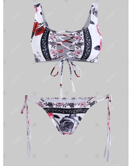 Tassels Lace-up Floral Tank Swimwear Set - S