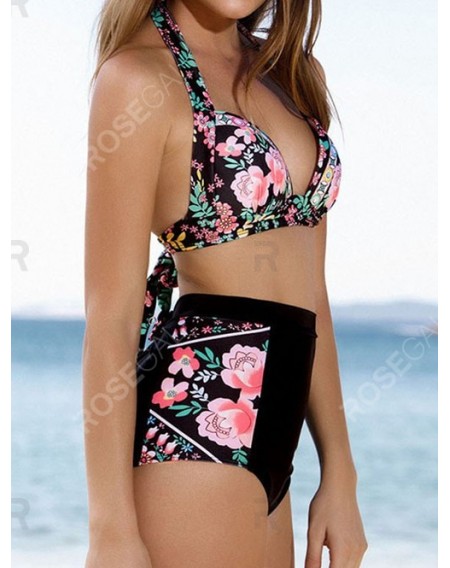 Flower Print Halter High Waisted Swimwear Swimsuit - Xl